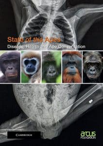 The cover of the book, featuring an X-ray of the trunk of an ape's body and snapshots of a bonobo, a gibbon, a gorilla, an orangutan, and a chimpanzee. 